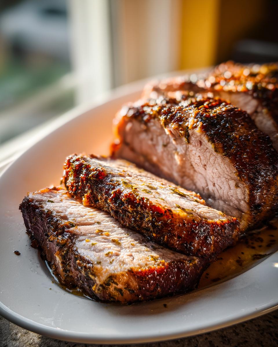 Close-up of thick slices of juicy pork loin roast with a dark, herb-crusted exterior resting on a white platter.