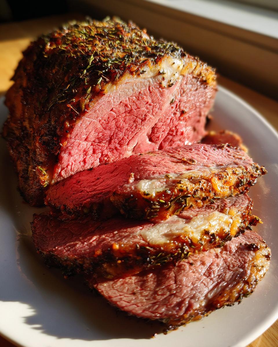 Close-up of a juicy, medium-rare prime rib recipe roast, sliced and covered in herbs.