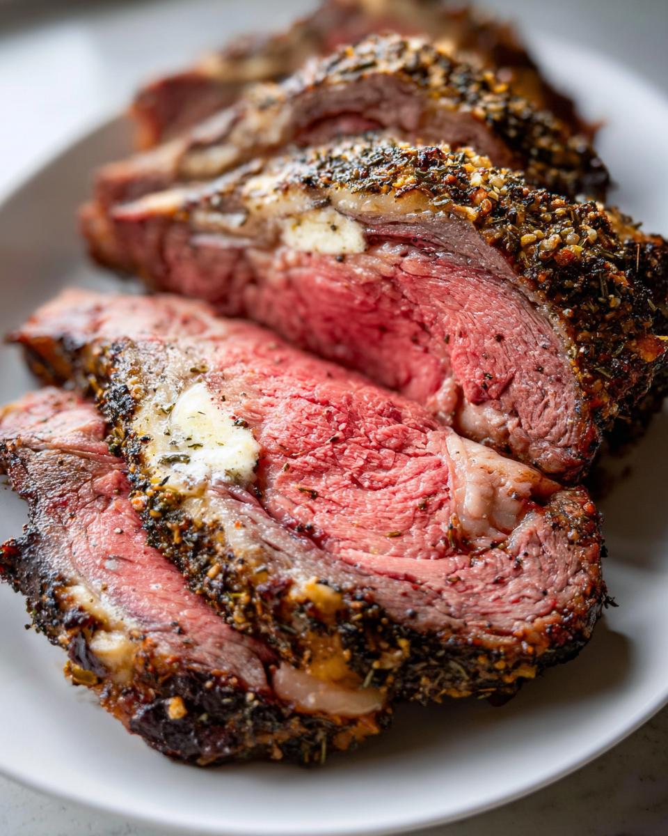 Close-up of thick, medium-rare slices of prime rib recipe roast with a dark herb crust and melted butter.