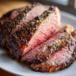 Close-up of thick slices of medium-rare prime rib recipe roast showing a crusty herb rub and pink interior.