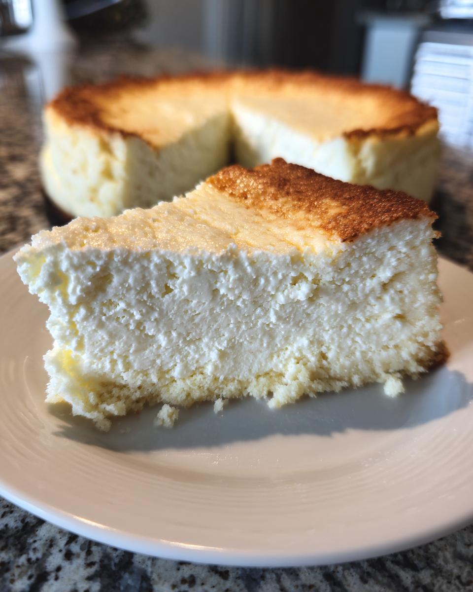A thick slice of creamy Keto cheesecake with a golden-brown top resting on a white plate, with the rest of the cake blurred in the background.