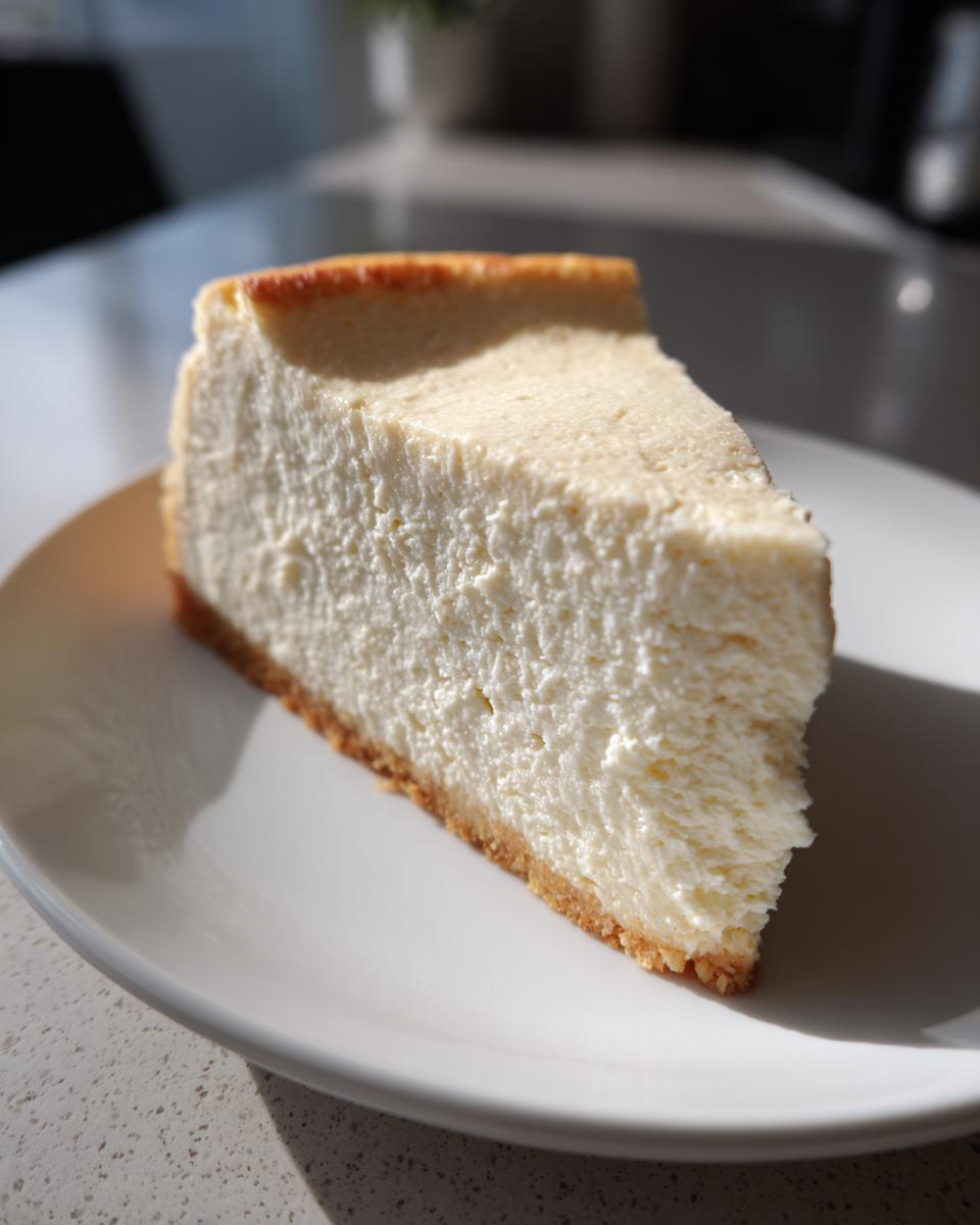 A close-up of a thick, creamy slice of Keto cheesecake with a golden crust on a white plate.