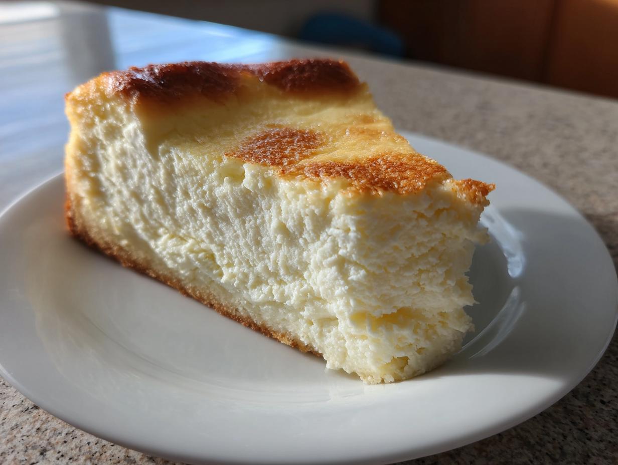 A thick, creamy slice of baked Keto cheesecake with a golden-brown top, served on a white plate.