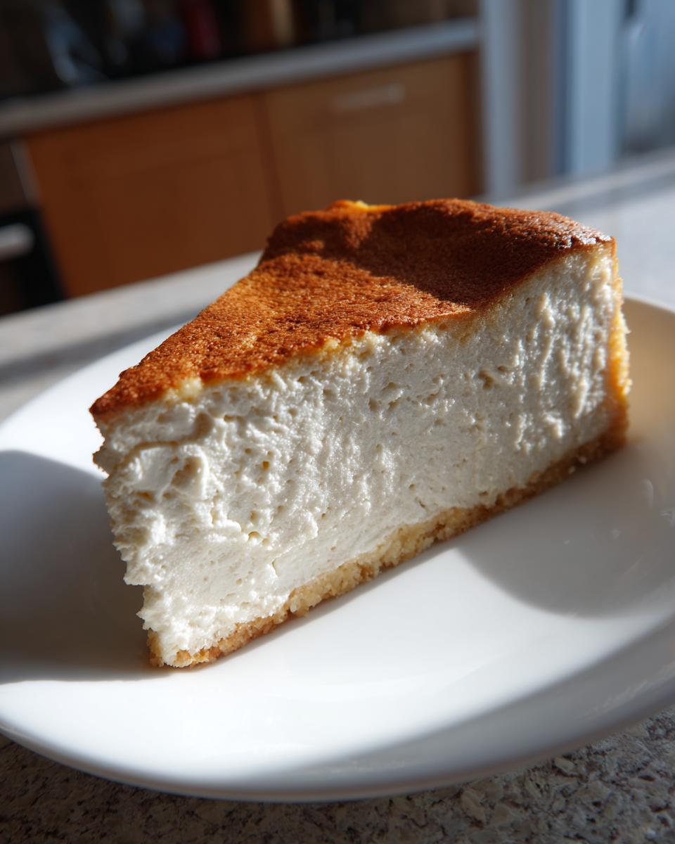 A perfect slice of creamy Keto cheesecake with a golden-brown, slightly caramelized top, resting on a white plate.