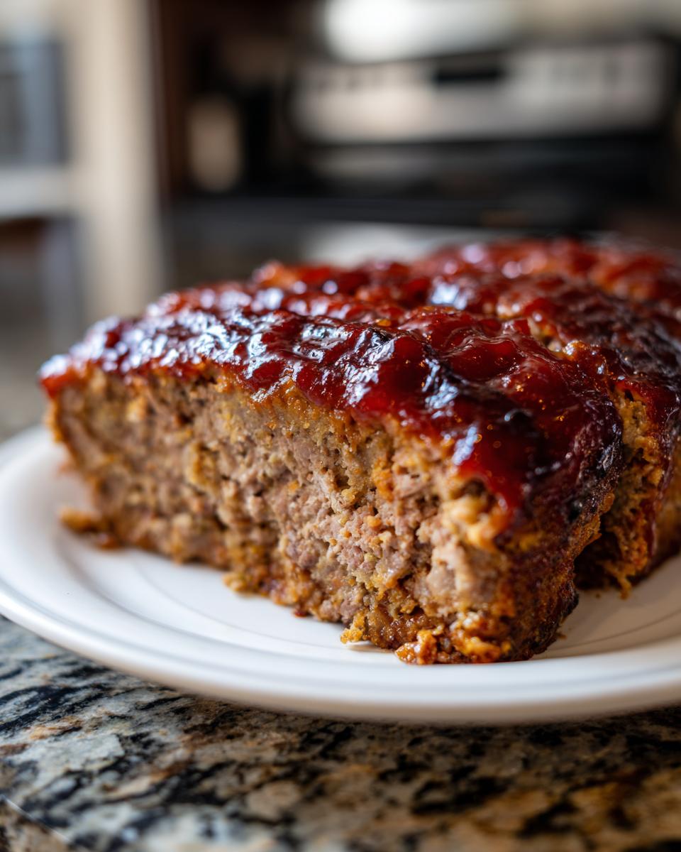 A thick slice of moist Keto meatloaf topped with a shiny, dark red glaze, served on a white plate.
