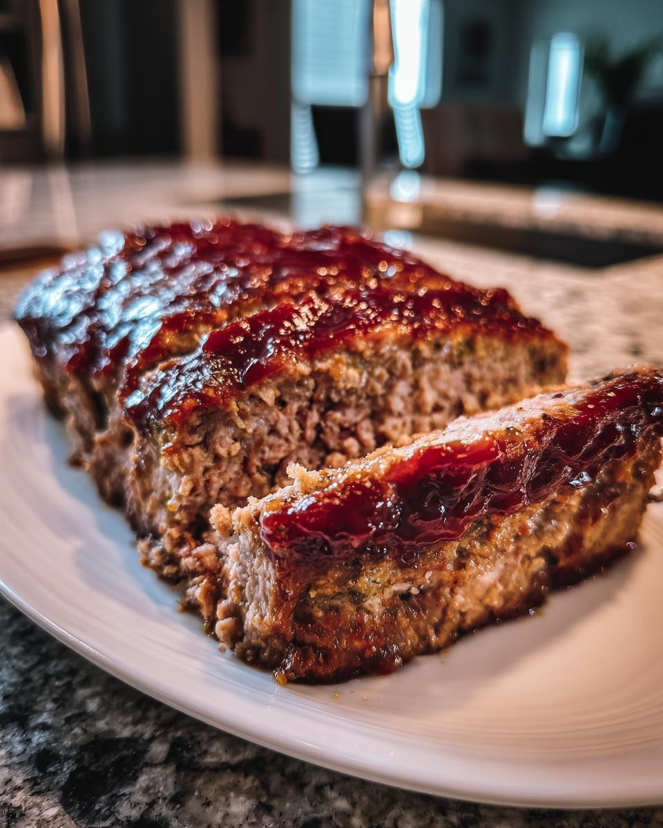 A close-up of a sliced Keto meatloaf, showing the moist interior and shiny, dark red glaze on top.
