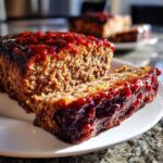 Close-up of a slice of moist Keto meatloaf topped with a thick, shiny, dark red glaze.