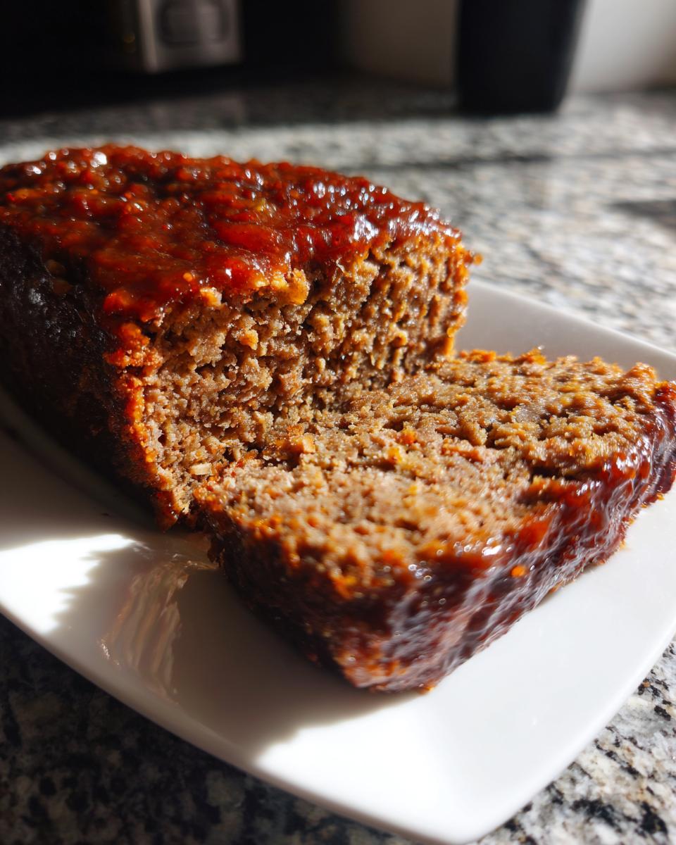 Close-up of a slice cut from a Keto meatloaf, showing the moist texture and shiny brown glaze.