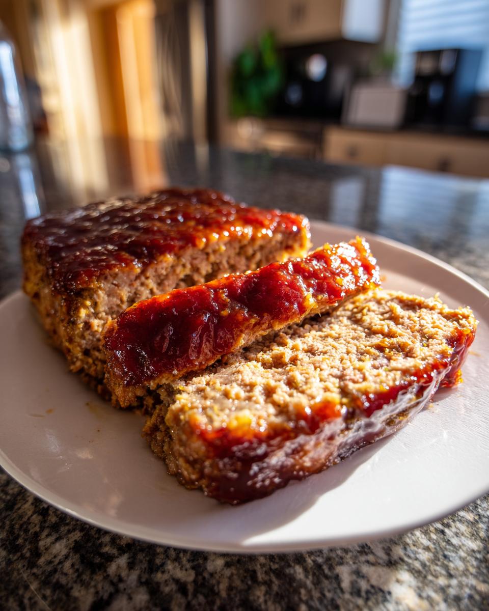 Two thick slices of moist Keto meatloaf covered in a shiny, dark red glaze, served on a white plate.