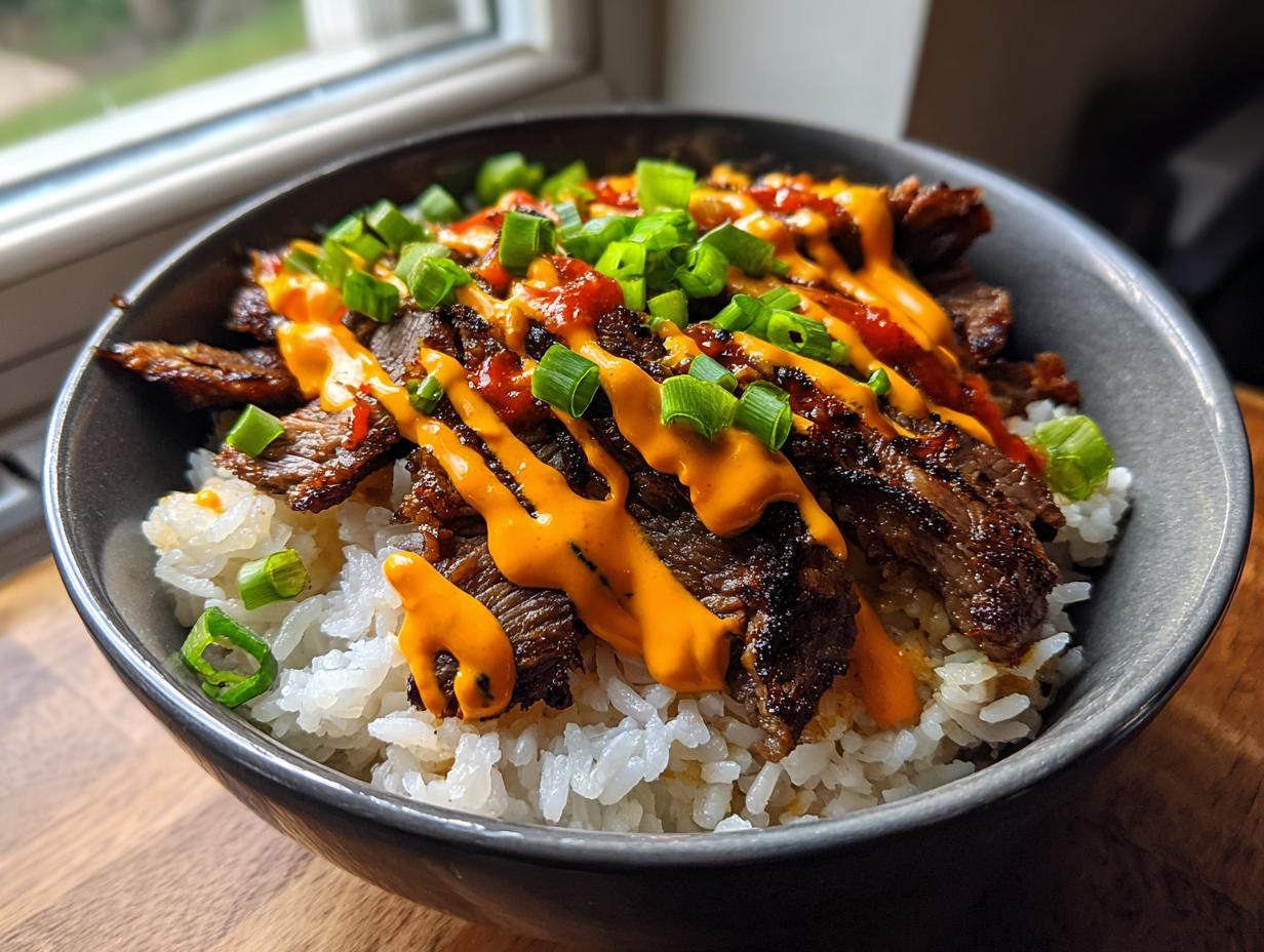 Close-up of a bowl filled with white rice, topped with sliced Korean BBQ steak, drizzled with orange sauce and green onions.