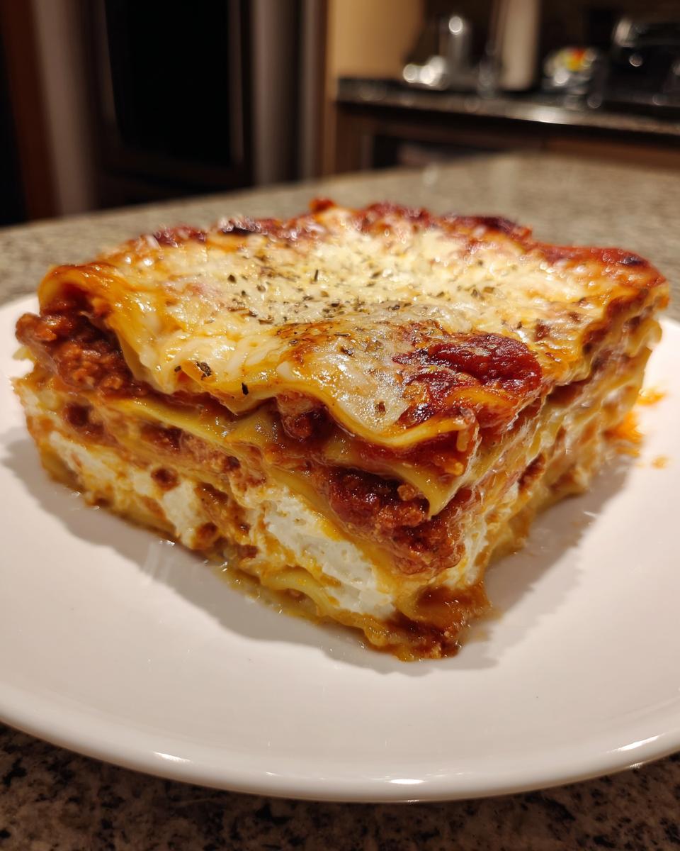 A thick, layered slice of baked lasagna with cottage cheese, rich meat sauce, and melted cheese topping.