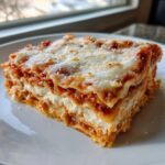 A perfectly layered slice of Lasagna with Cottage Cheese, topped with melted mozzarella and parmesan.