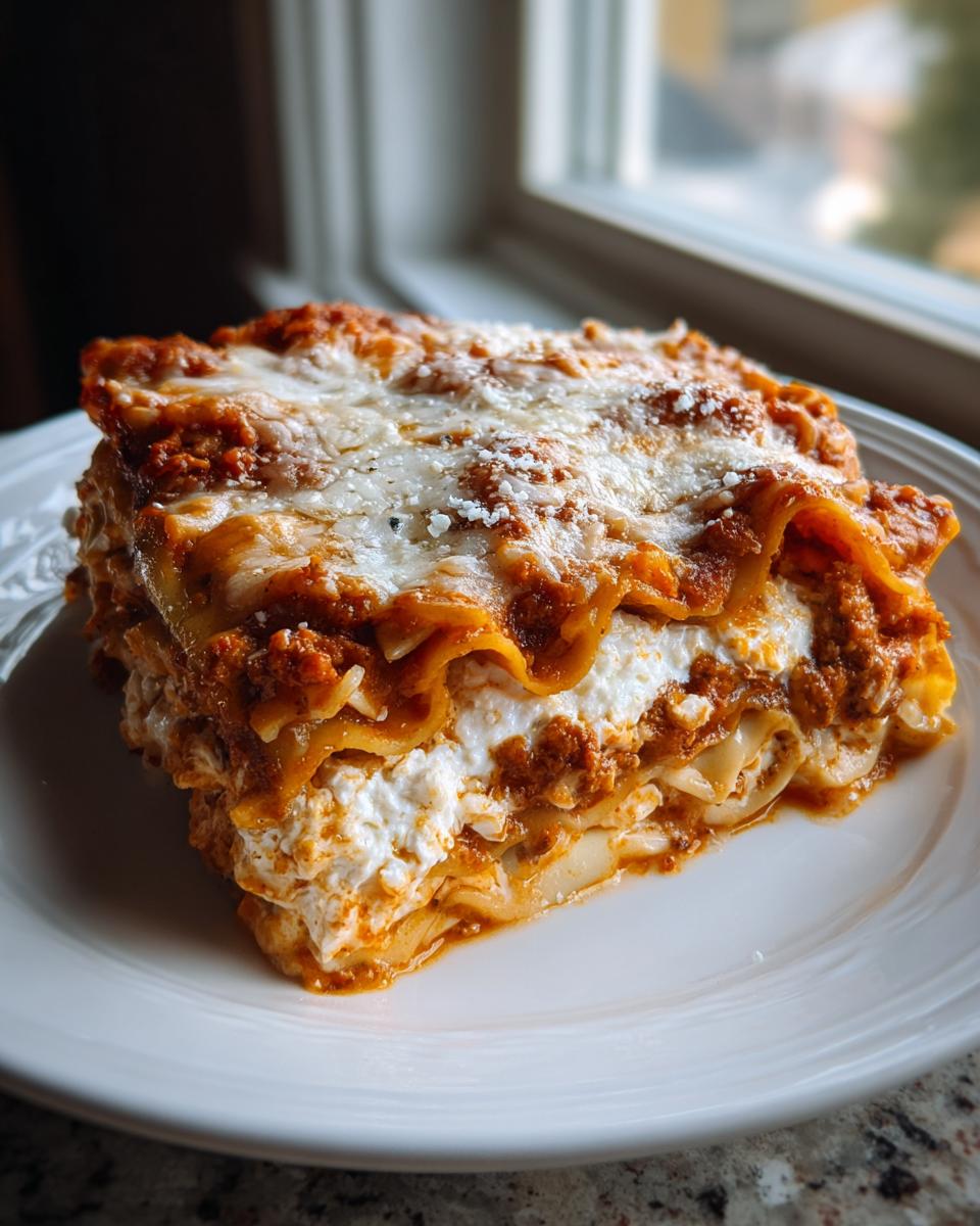 A thick, layered slice of Lasagna with Cottage Cheese, topped with meat sauce and melted cheese, served on a white plate.