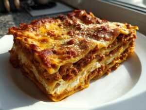 A thick, layered slice of Lasagna with Cottage Cheese featuring a rich meat sauce and golden, bubbly cheese topping.