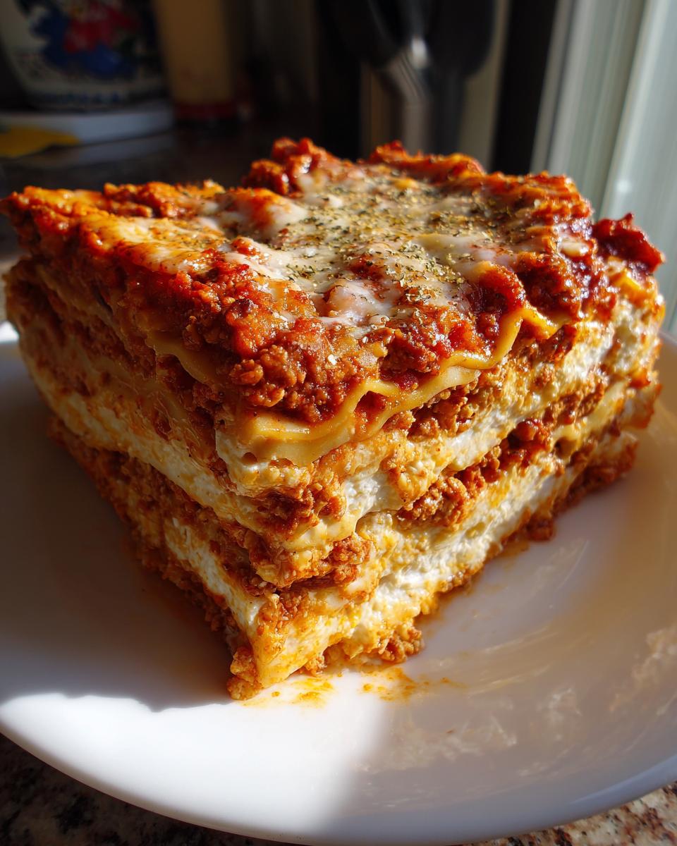 A thick, multi-layered slice of Lasagna with Cottage Cheese, topped with meat sauce and herbs.