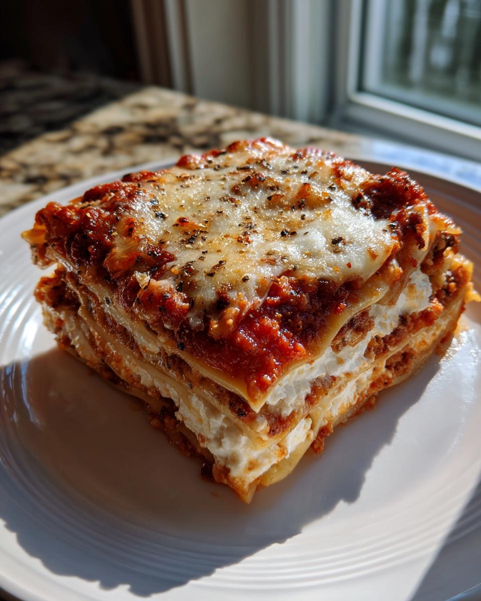 A perfectly layered slice of Lasagna with Cottage Cheese, topped with melted cheese and herbs, sitting on a white plate.