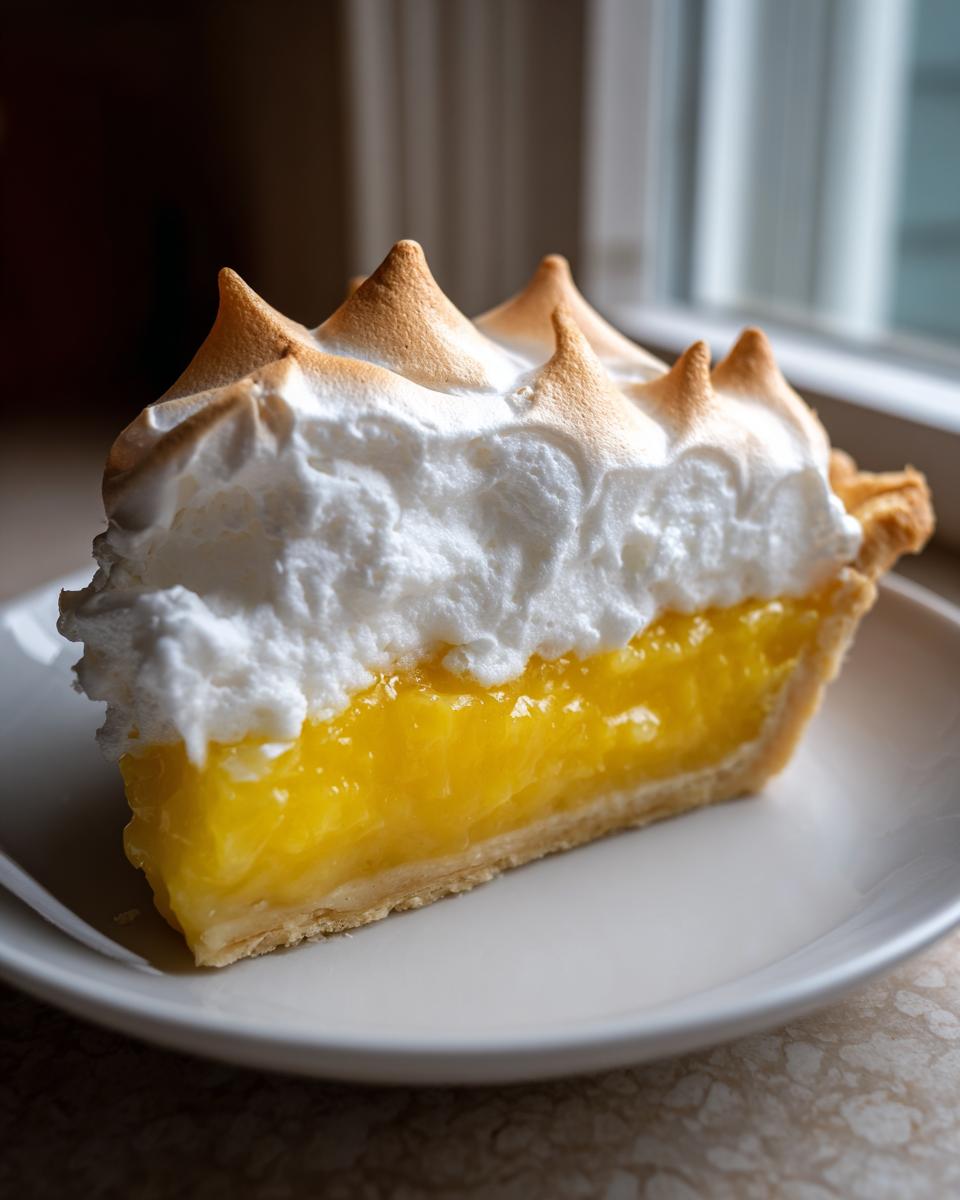 A close-up slice of lemon meringue pie showing bright yellow filling and tall, toasted meringue peaks.