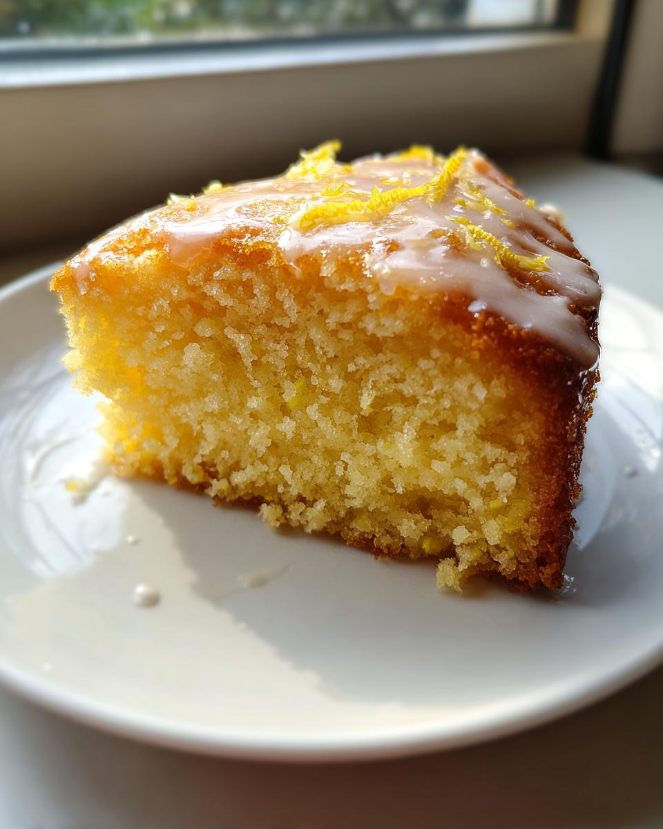 A close-up of a moist slice of lemon olive oil cake topped with white glaze and zest.