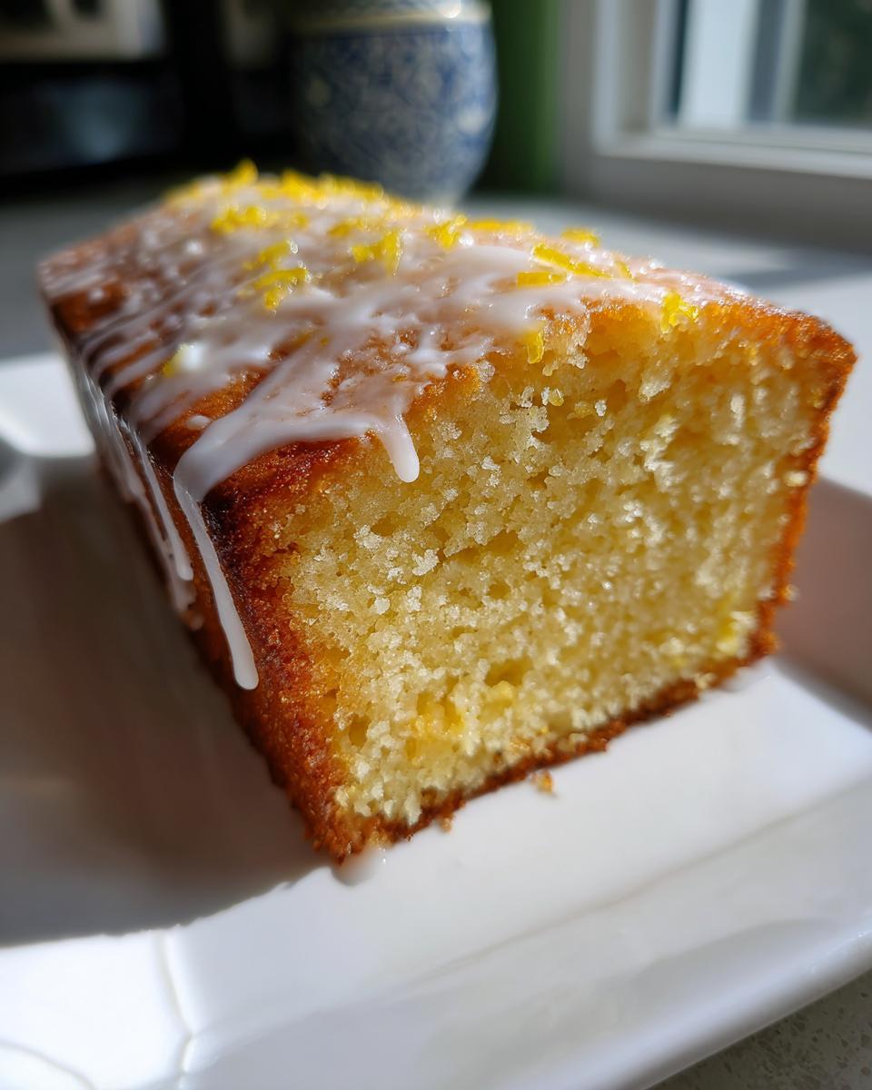 Close-up of a slice of moist olive oil cake topped with white glaze and bright yellow lemon zest.