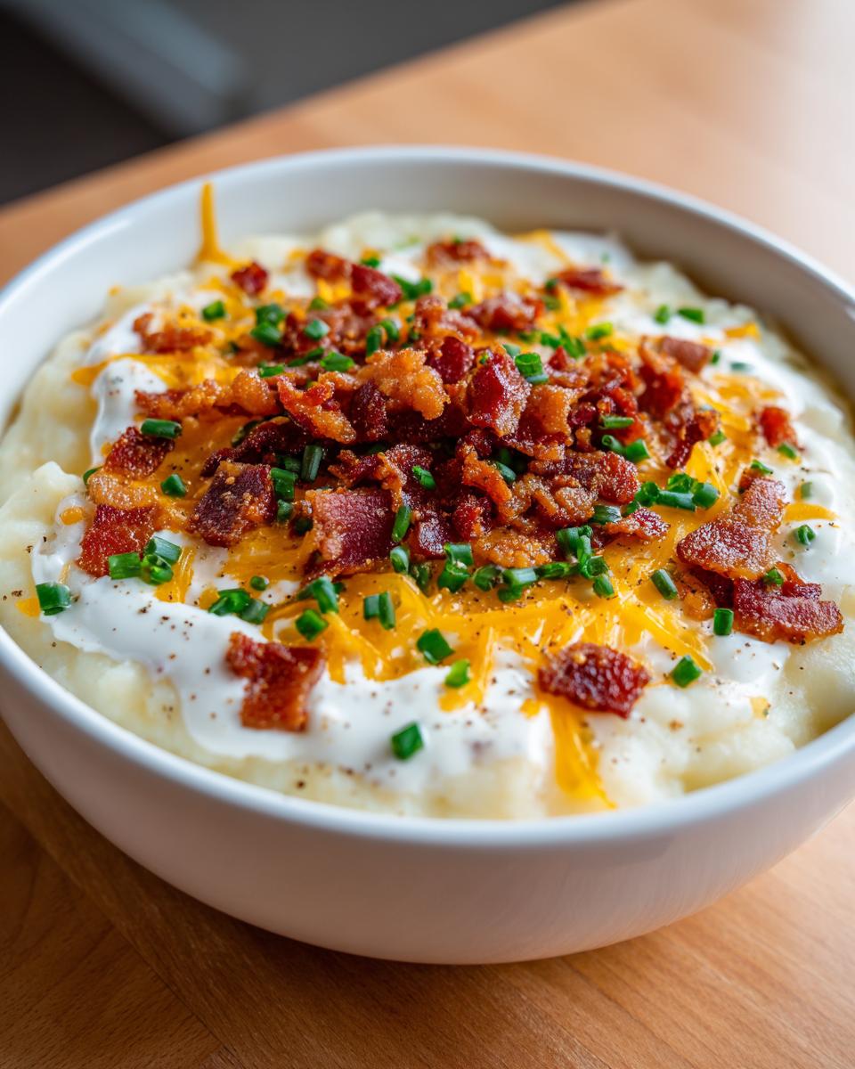 A close-up of a bowl of creamy Loaded Baked Potato Soup topped generously with sour cream, shredded cheddar, bacon bits, and chives.
