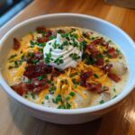 A creamy bowl of Loaded Baked Potato Soup garnished generously with shredded cheddar, bacon bits, chives, and sour cream.