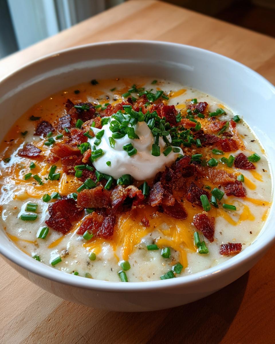 A close-up of creamy Loaded Baked Potato Soup topped generously with cheddar cheese, bacon bits, sour cream, and fresh chives.