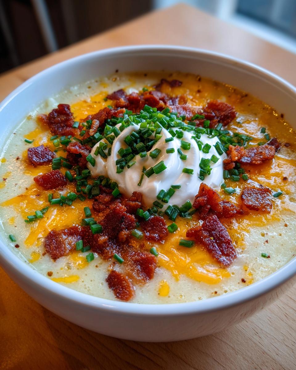 A creamy bowl of Loaded Baked Potato Soup topped generously with sour cream, cheddar cheese, bacon bits, and chives.