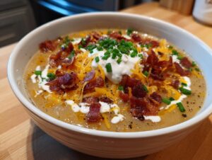 A close-up of a bowl of creamy Loaded Baked Potato Soup garnished with cheddar cheese, bacon bits, sour cream, and chives.