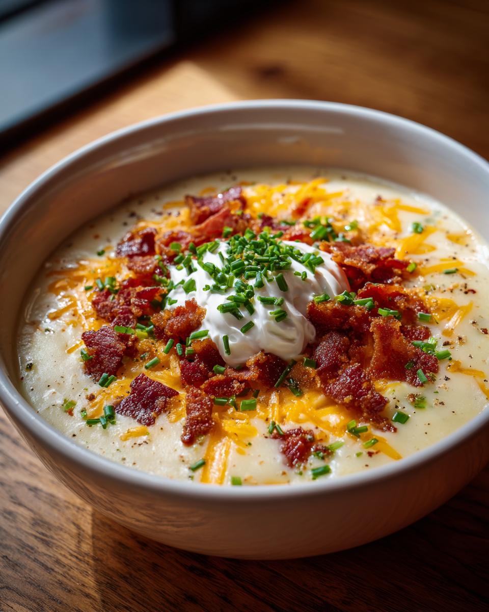 A creamy bowl of Loaded Baked Potato Soup topped generously with shredded cheddar, bacon bits, sour cream, and fresh chives.