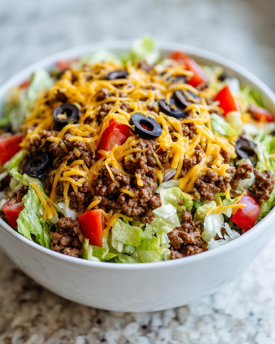 A close-up view of a fresh taco salad featuring seasoned ground beef, shredded cheddar cheese, tomatoes, and black olives over lettuce.