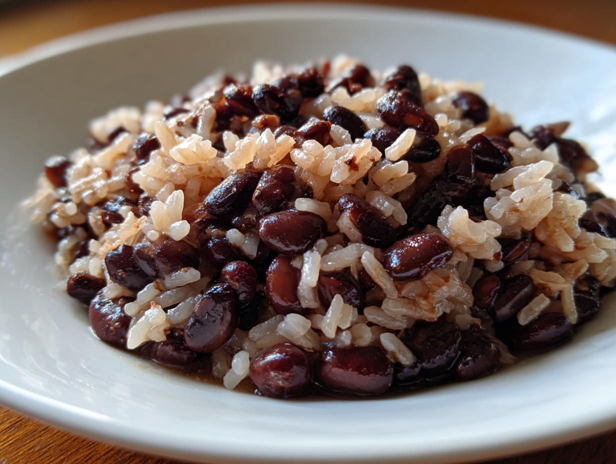 Close-up of a serving of flavorful beans and rice, featuring dark red kidney beans mixed with white rice.