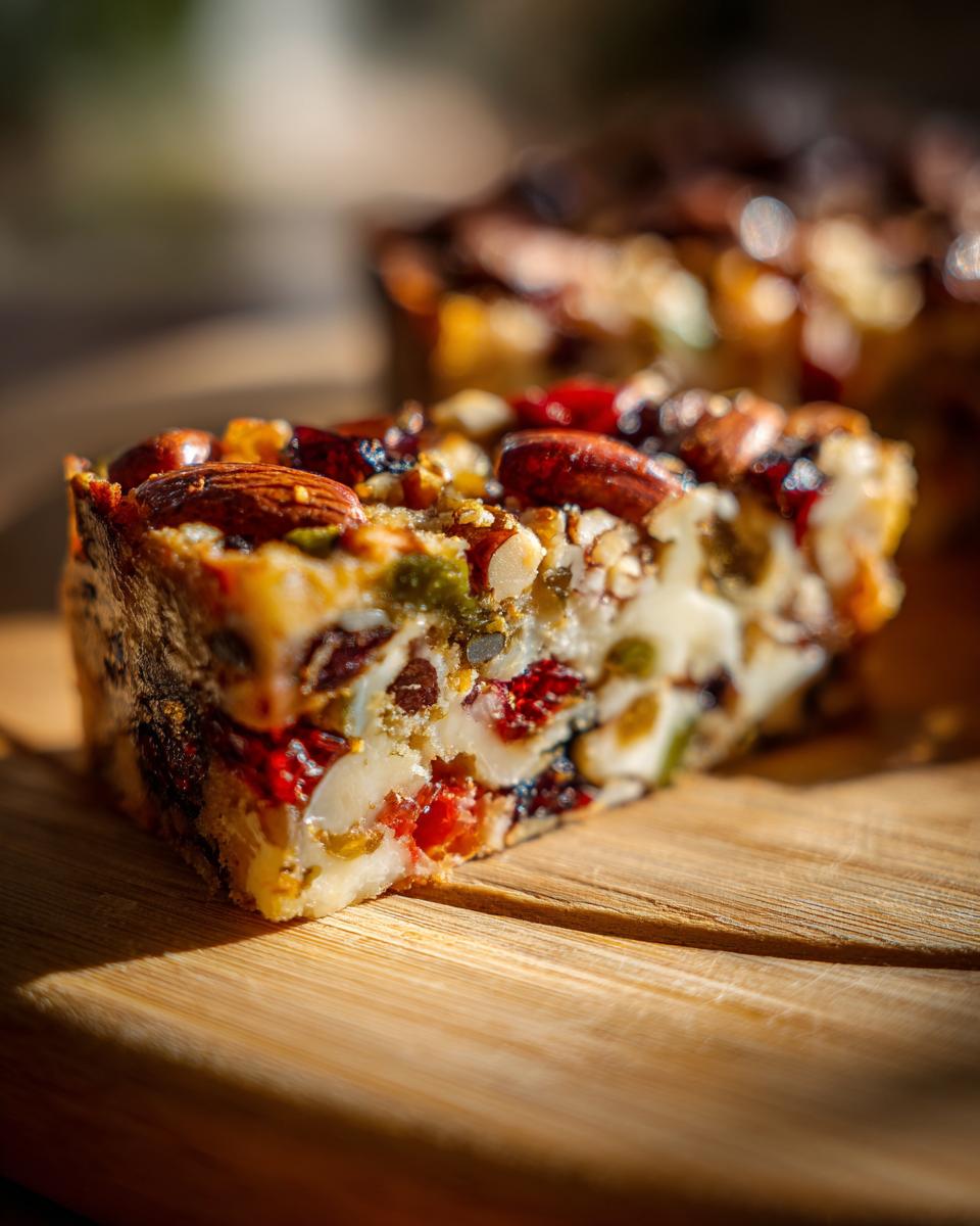 A close-up, sunlit slice of dense fruit cake packed with almonds, dried cranberries, and candied fruit.