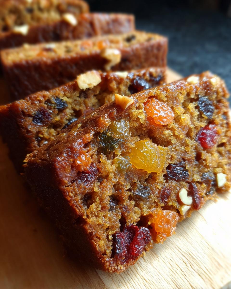 Close-up of a slice of moist fruit cake showing candied fruit pieces and nuts embedded in the rich brown crumb.