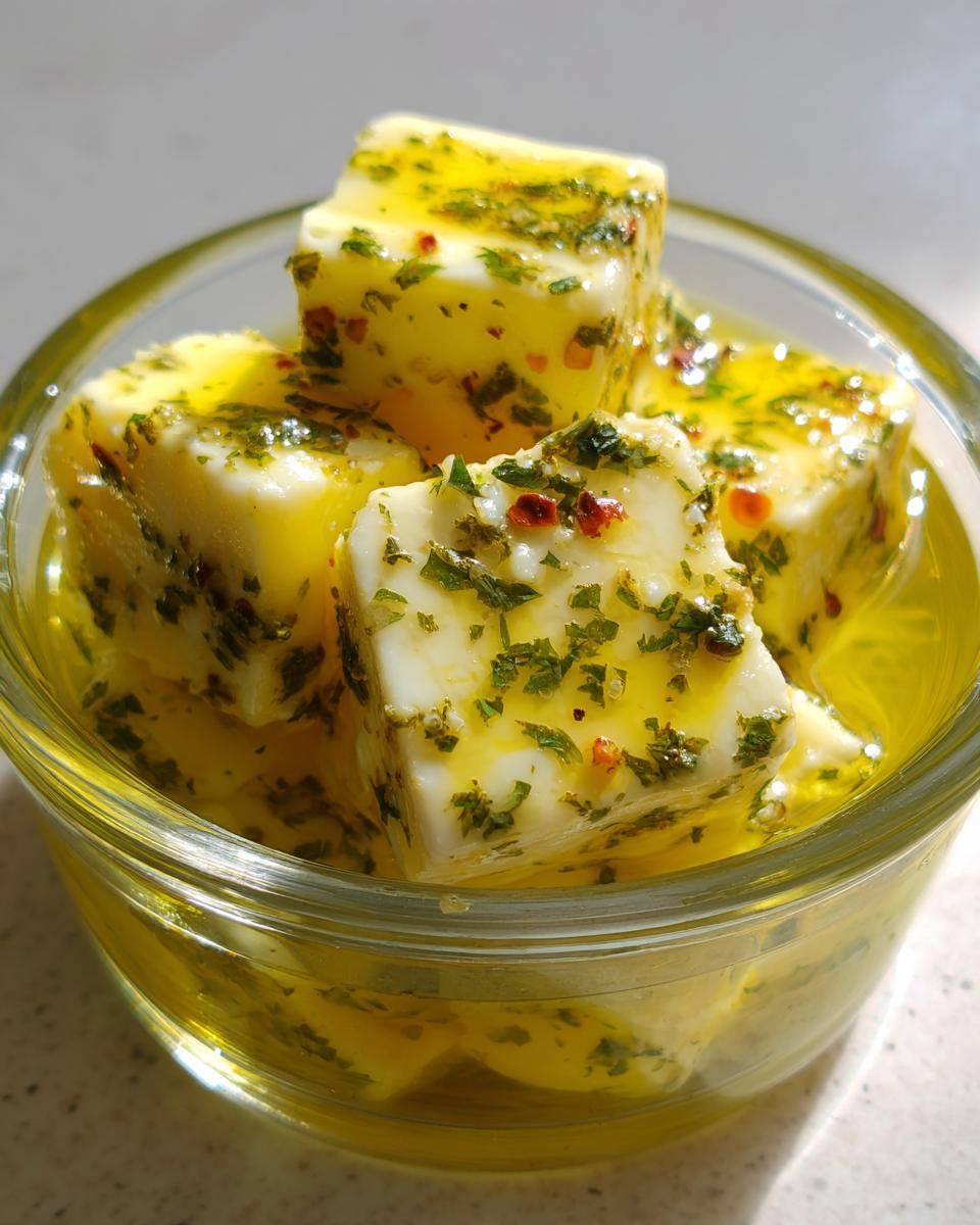 Close-up of cubed white cheese soaking in olive oil with herbs and red pepper flakes for a marinated cheese appetizer.