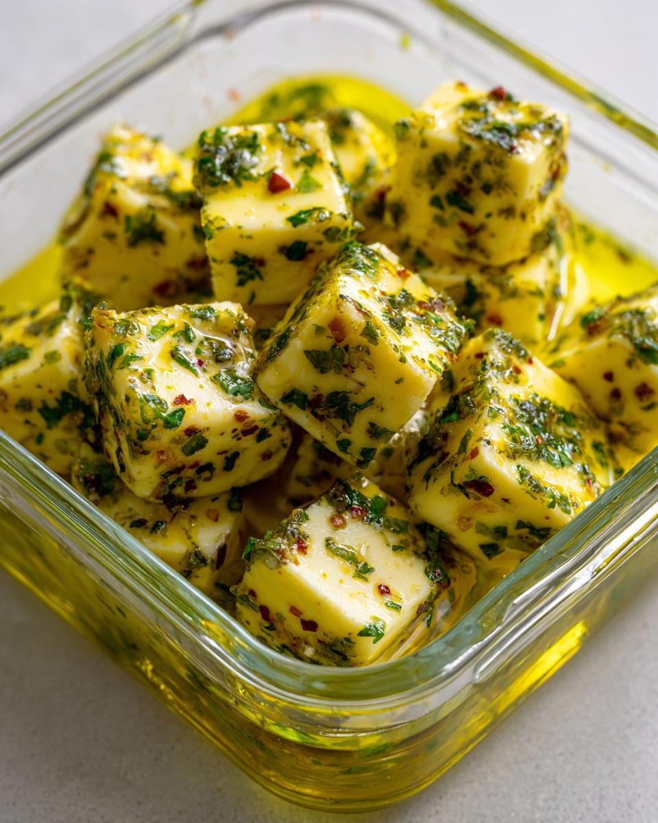 Close-up of cubed cheese soaking in olive oil, heavily coated with herbs and red pepper flakes for a marinated cheese appetizer.