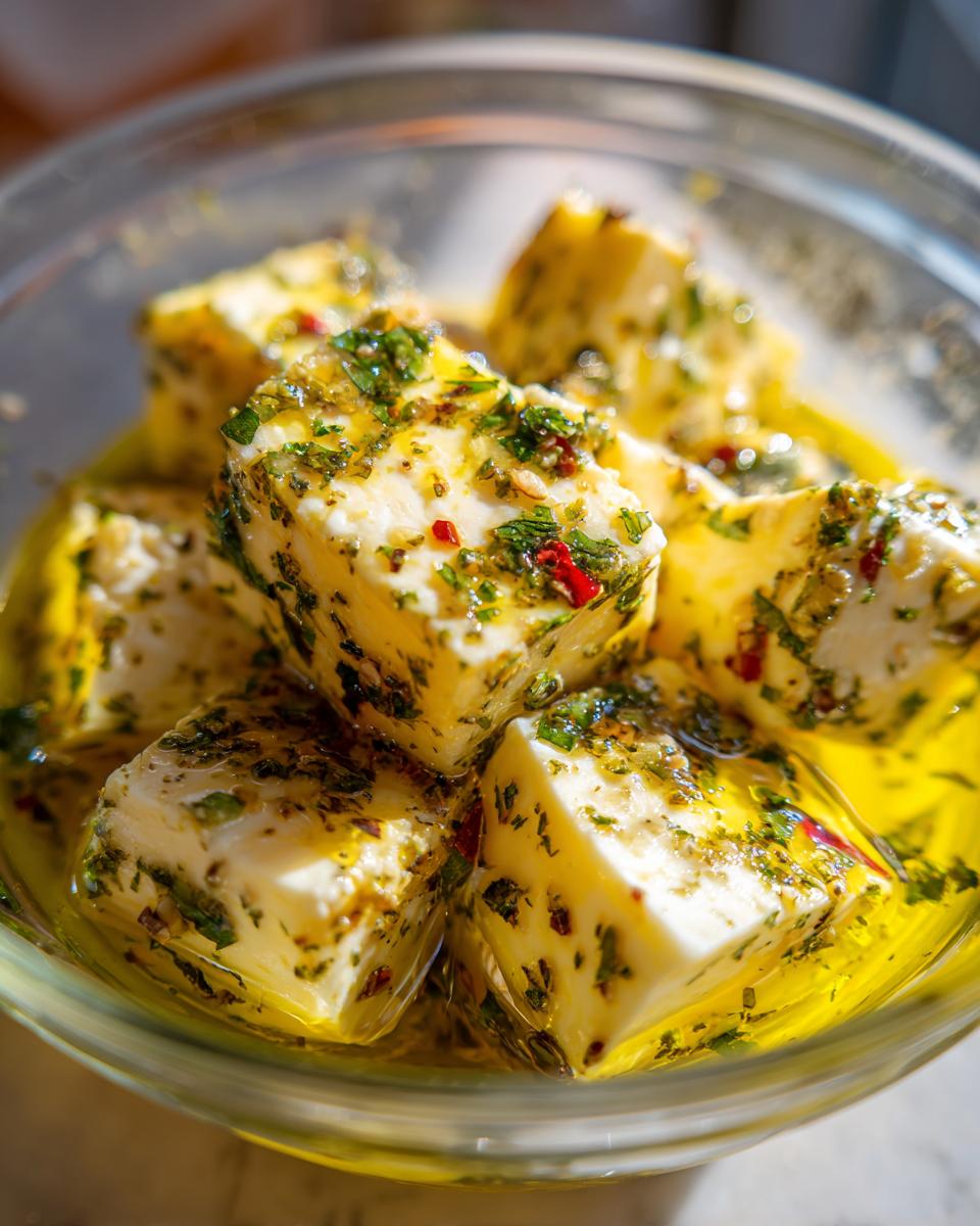 Close-up of white cheese cubes soaking in golden olive oil with herbs and red pepper flakes, a perfect marinated cheese appetizer.