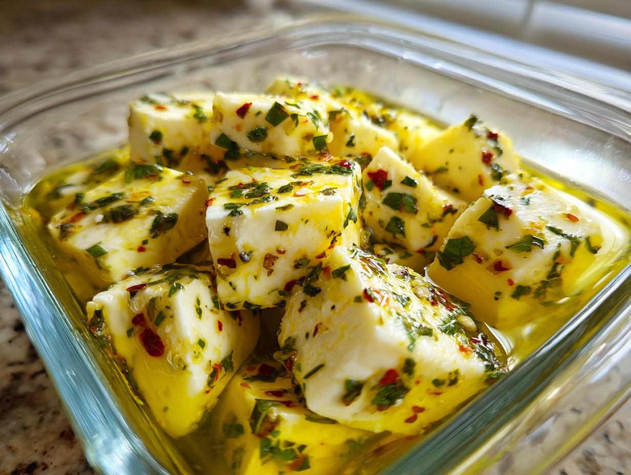 Close-up of cubed white cheese soaking in golden olive oil with herbs and red pepper flakes, perfect marinated cheese appetizer.