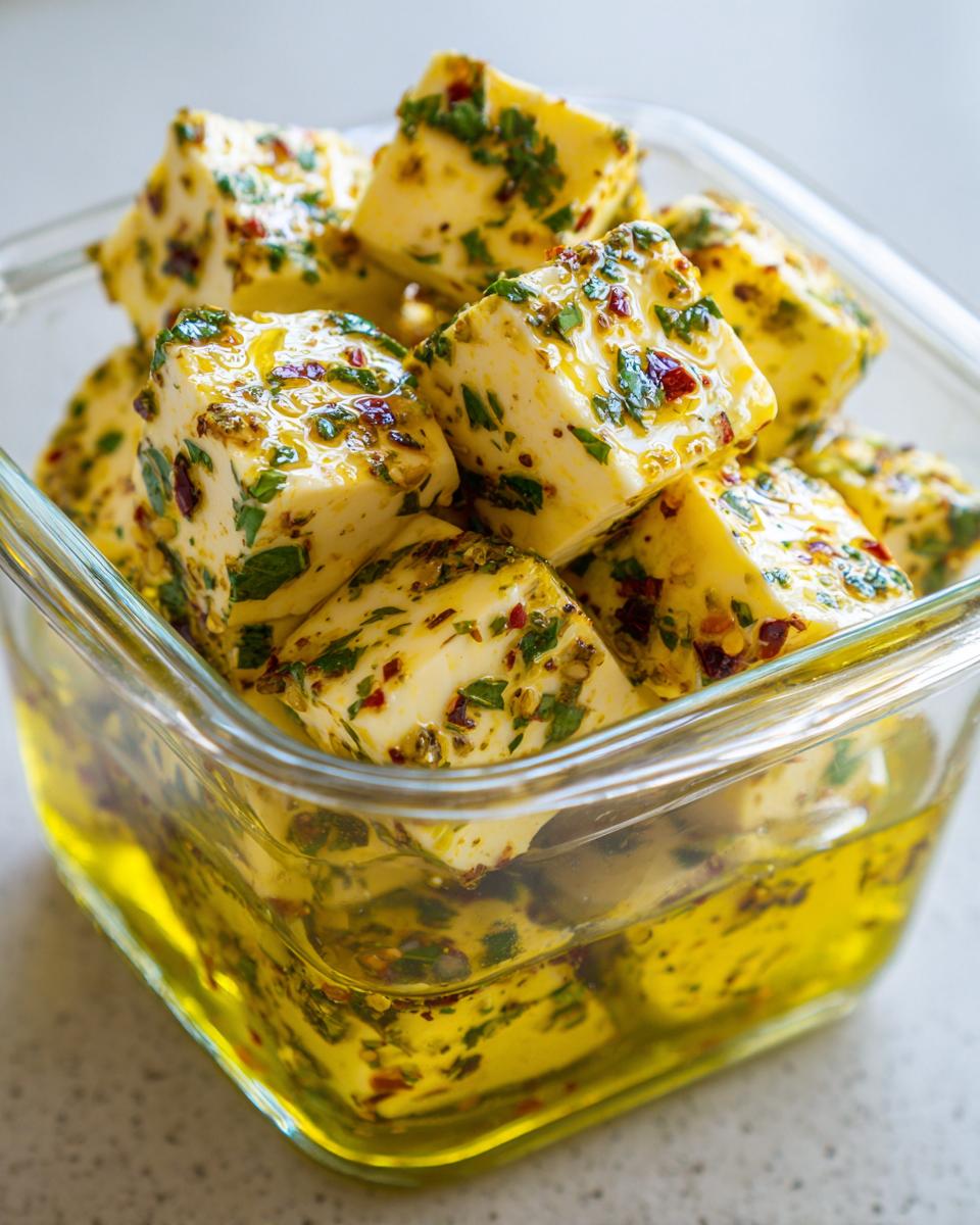 Close-up of cubes of marinated cheese appetizer soaking in bright yellow herb and chili-infused oil in a glass container.