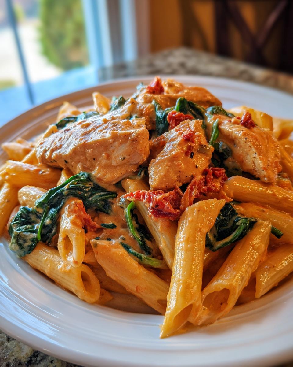 Close-up of a plate of Marry Me Chicken Pasta featuring penne, chicken pieces, spinach, and sun-dried tomatoes in a creamy sauce.