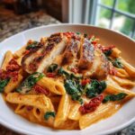 A white bowl filled with creamy Marry Me Chicken Pasta featuring penne, spinach, sun-dried tomatoes, and sliced seasoned chicken breast.