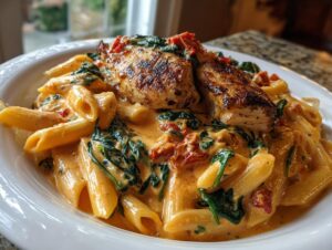Close-up of Marry Me Chicken Pasta featuring penne, creamy sauce, spinach, sun-dried tomatoes, and grilled chicken breast.