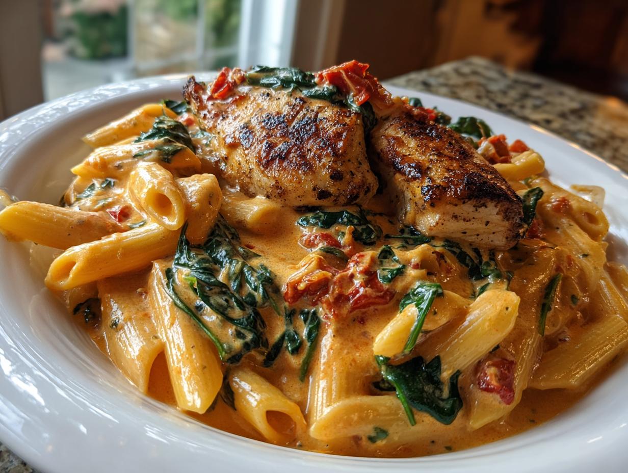 Close-up of Marry Me Chicken Pasta featuring penne, creamy sauce, spinach, sun-dried tomatoes, and grilled chicken breast.