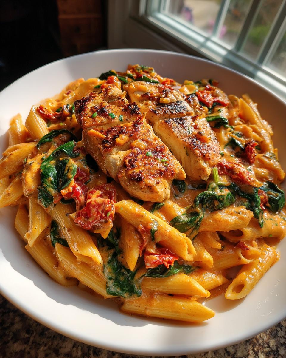 A bowl of creamy Marry Me Chicken Pasta featuring penne, spinach, sun-dried tomatoes, and sliced grilled chicken breast.