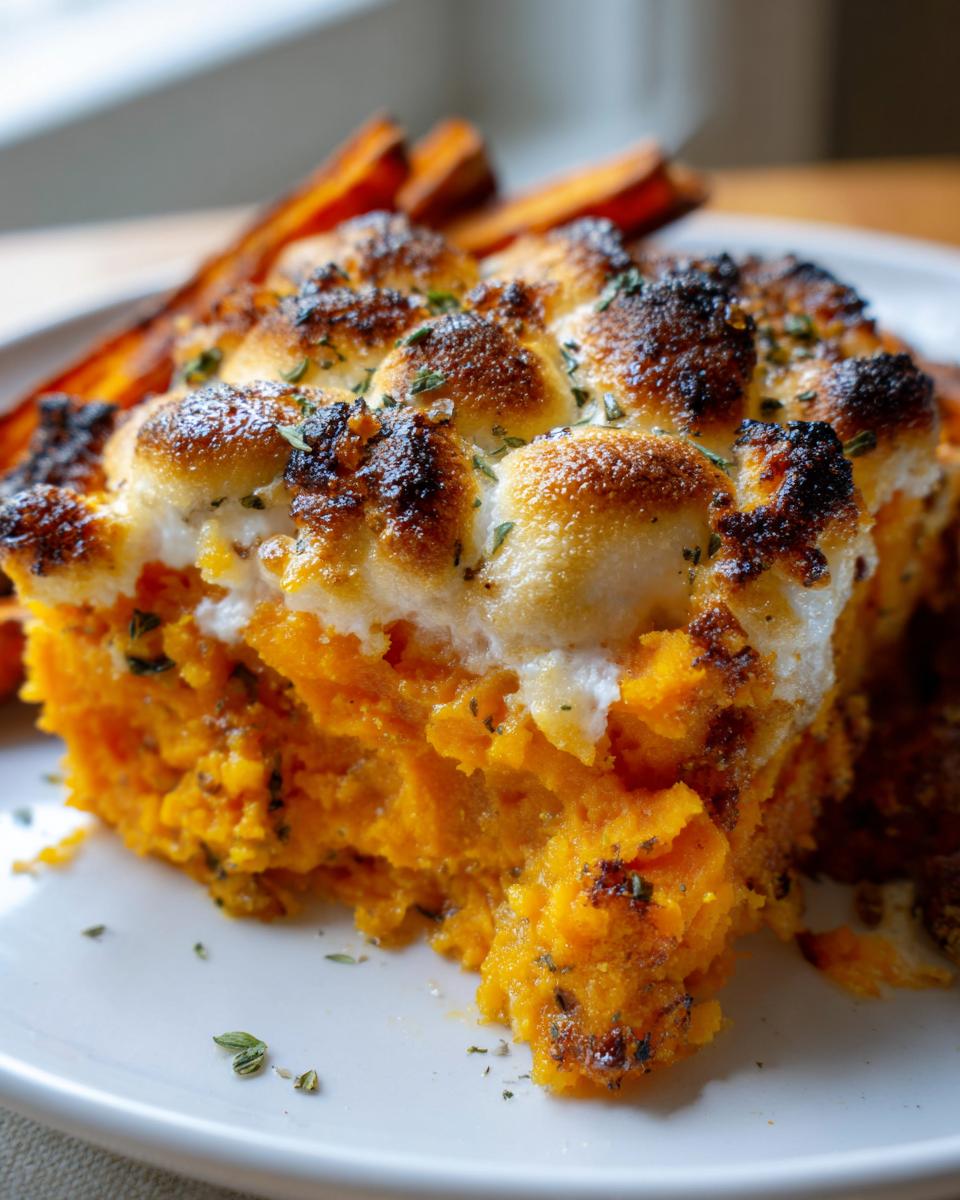 Close-up of a serving of sweet potatoes casserole topped with toasted marshmallows and herbs.