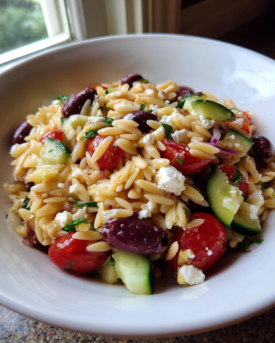 Close-up of a white bowl filled with mediterranean pasta salad featuring orzo, Kalamata olives, tomatoes, and feta cheese.