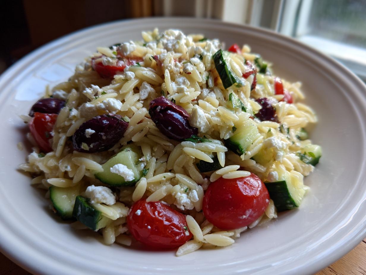 A close-up of a serving of mediterranean pasta salad made with orzo, cherry tomatoes, cucumber, olives, and feta cheese.