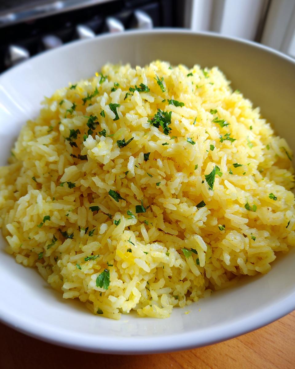 A close-up of fluffy, yellow Mediterranean rice seasoned and topped with fresh chopped parsley in a white bowl.