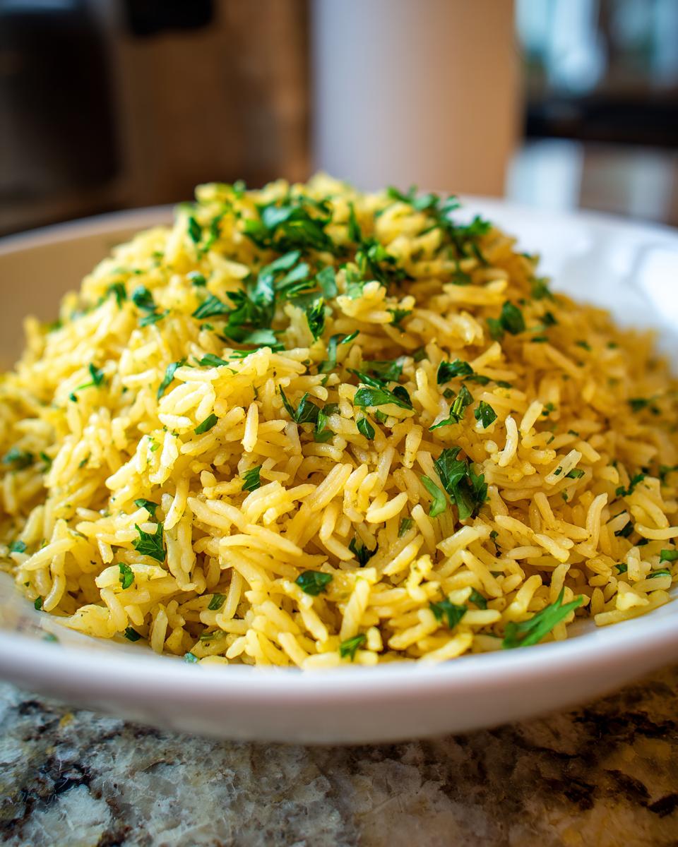 Close-up of fluffy, yellow Mediterranean rice seasoned and topped generously with fresh chopped parsley.