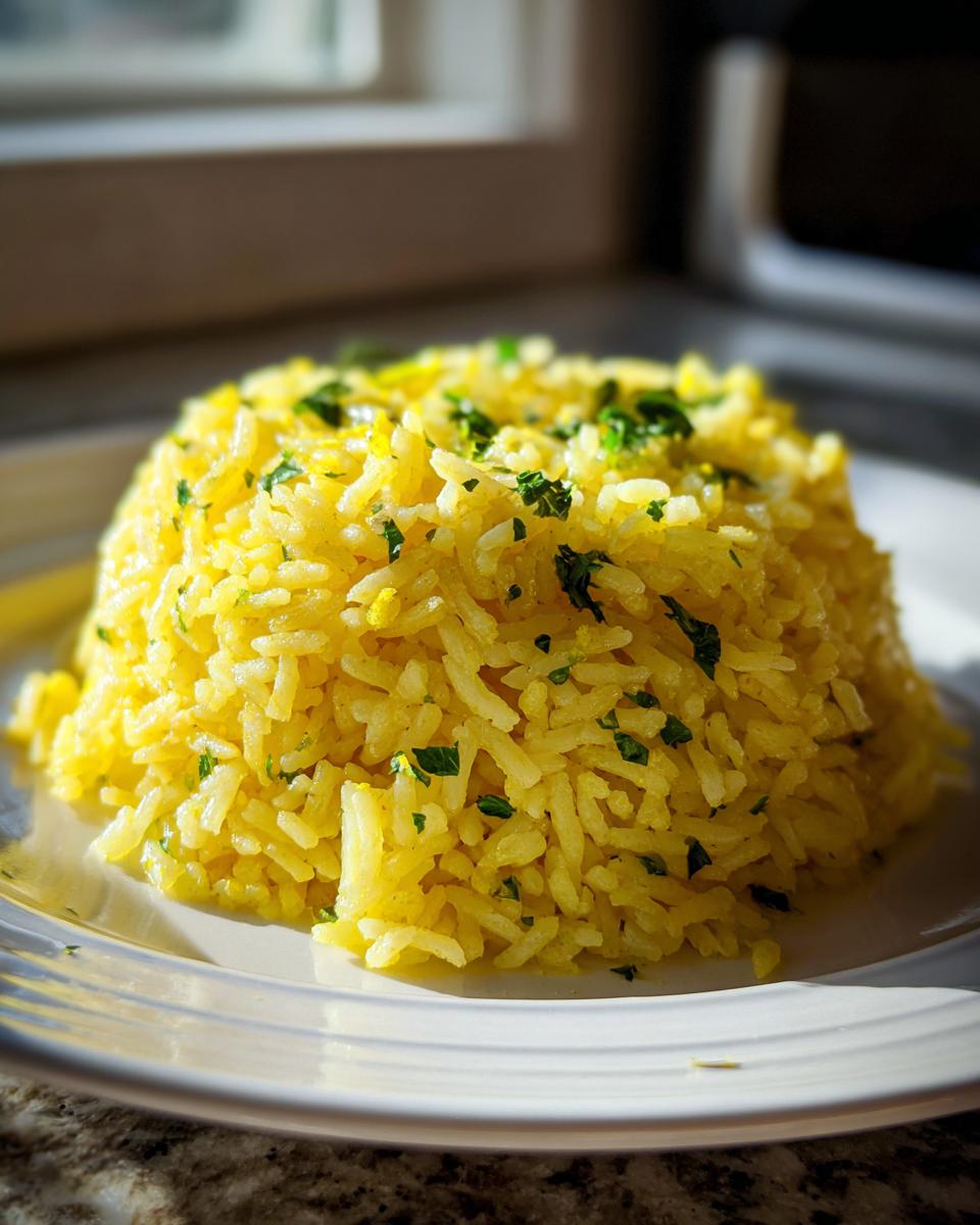 A mound of bright yellow mediterranean rice, seasoned and topped with fresh chopped parsley, served on a white plate.