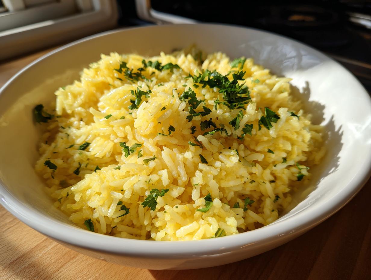 A close-up of fluffy, yellow Mediterranean rice garnished with fresh chopped parsley in a white bowl.